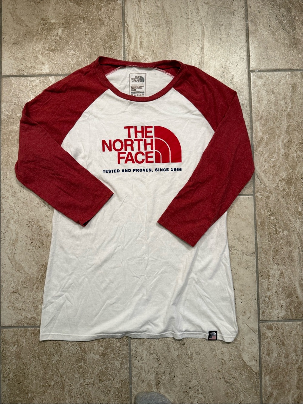 The North Face White Baseball Raglan Tee with Red Sleeves - Women’s Medium
